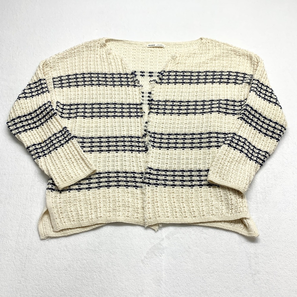 Pull&Bear Striped Open Front Cardigan Womens Size S Cream Navy Boho Knit Sweater